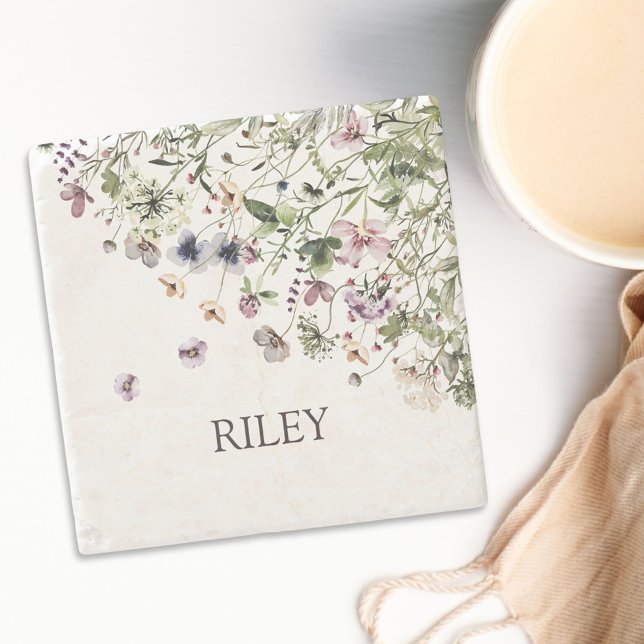 Monogrammed Watercolor Purple Wildflowers Stone Coaster (In situ)