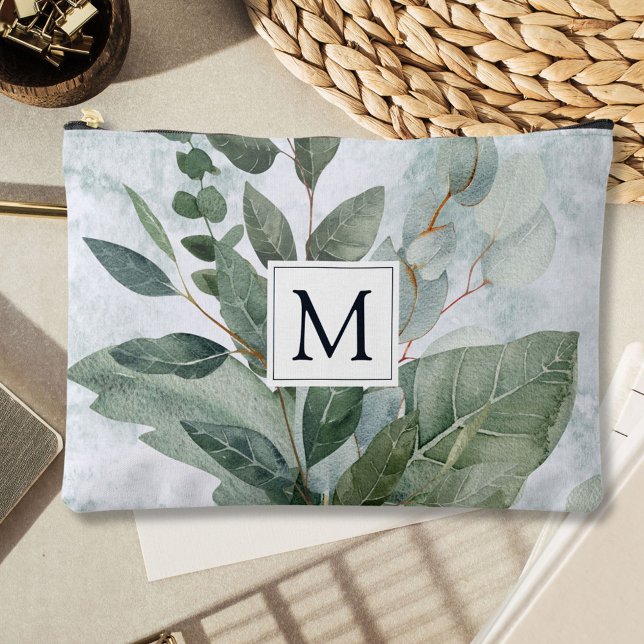 Monogrammed Watercolor Rustic Sage Greenery Accessory Pouch (In situ, on table)