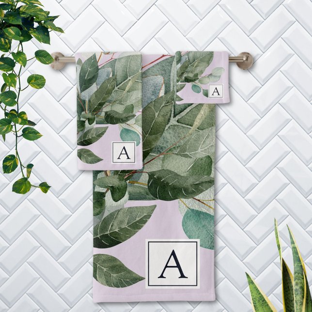 Monogrammed Watercolor Rustic Sage Greenery Bath Towel Set (In situ Bathroom wall)