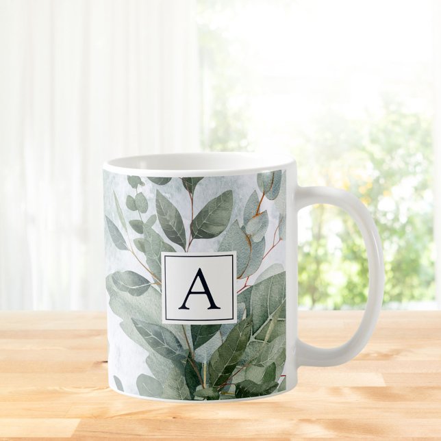 Monogrammed Watercolor Rustic Sage Greenery Coffee Mug (In situ Kitchen table)