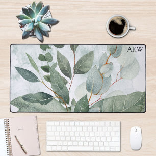 Monogrammed Watercolor Rustic Sage Greenery Desk Mat