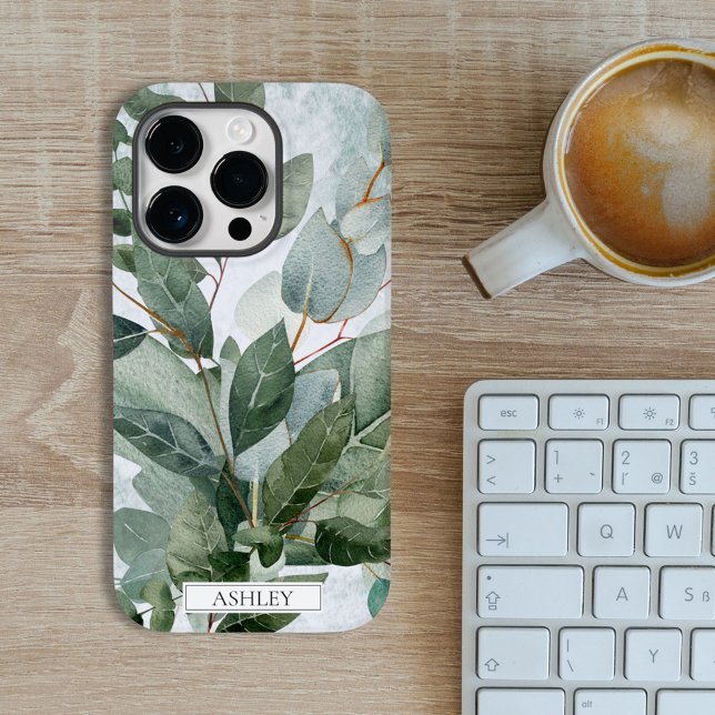 Monogrammed Watercolor Rustic Sage Greenery iPhone Case (In situ)