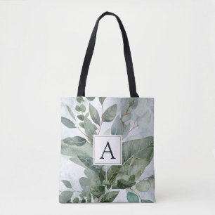 Monogrammed Watercolor Rustic Sage Greenery Tote Bag