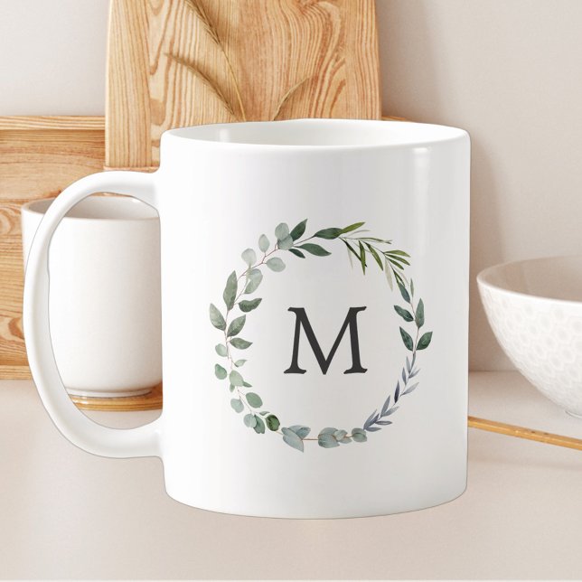 Monogrammed Watercolor Sage Green Leaves Wreath Coffee Mug (In situ)