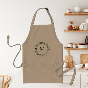 Monogrammed Watercolor Sage Green Leaves Wreath Standard Apron