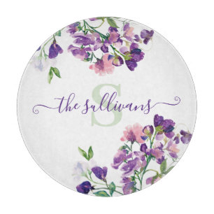 Monogrammed Watercolor Sweet Pea Cutting Board