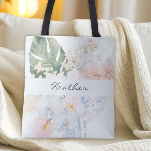 Monogrammed Watercolor Tropical Flower Floral Tote Bag