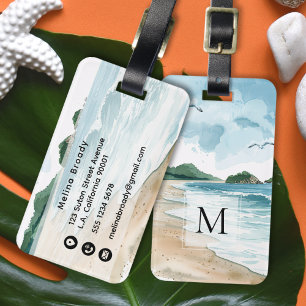 Monogrammed Watercolor Tropical Sand Beach Ocean Luggage Tag