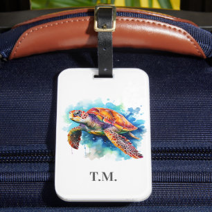 Monogrammed Watercolor Turtle Luggage Tag