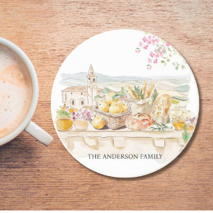 Monogrammed Watercolor Tuscany Mediterranean Italy Coaster