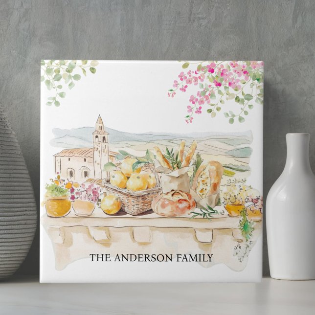 Monogrammed Watercolor Tuscany Mediterranean Italy Tile (In situ)