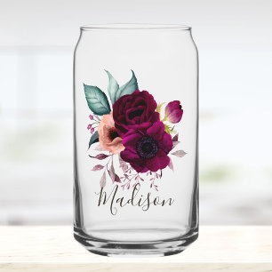 Monogrammed Watercolor Vintage Boho Purple Flowers Can Glass