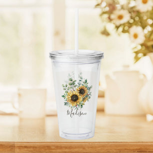 Monogrammed Watercolor Vintage Rustic Sunflower Acrylic Tumbler