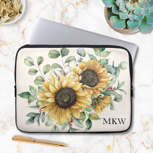 Monogrammed Watercolor Vintage Rustic Sunflower Laptop Sleeve