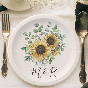 Monogrammed Watercolor Vintage Rustic Sunflower Paper Plate