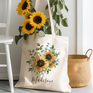 Monogrammed Watercolor Vintage Rustic Sunflower Tote Bag