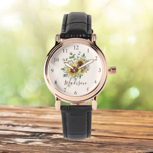 Monogrammed Watercolor Vintage Rustic Sunflower Watch