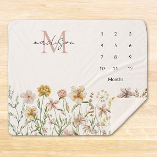 Monogrammed Watercolor Wildflower Floral Milestone Sherpa Blanket
