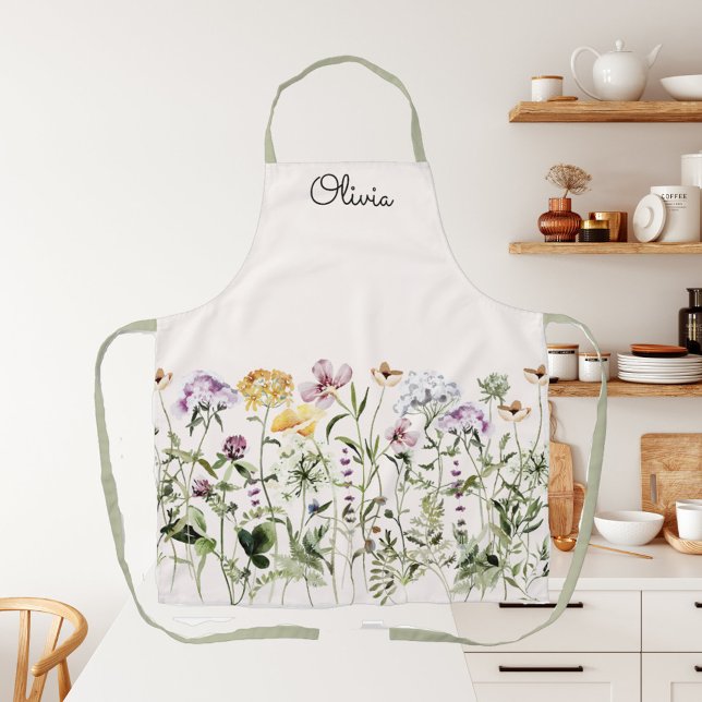 Monogrammed Watercolor Wildflower Garden Apron (In situ kitchen)