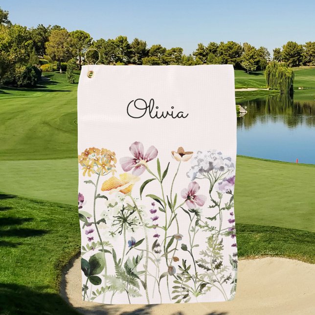 Monogrammed Watercolor Wildflower Garden Golf Towel (In situ)