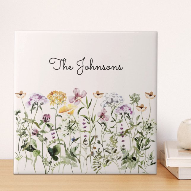Monogrammed Watercolor Wildflower Garden Tile (Close up on table)