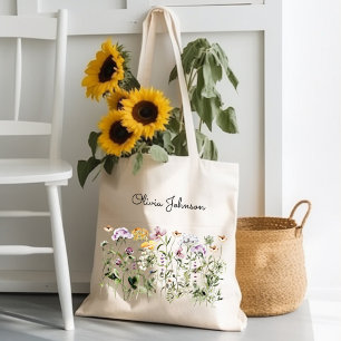 Monogrammed Watercolor Wildflower Garden Tote Bag