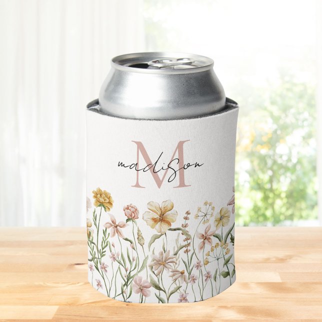 Monogrammed Watercolor Wildflower Meadow Floral Can Cooler (In situ)