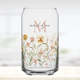 Monogrammed Watercolor Wildflower Meadow Floral Can Glass