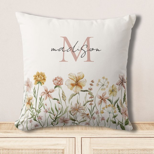 Monogrammed Watercolor Wildflower Meadow Floral Cushion (In situ)