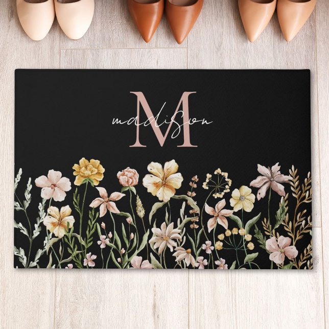 Monogrammed Watercolor Wildflower Meadow Floral Doormat (In situ)