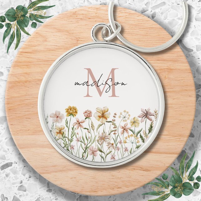 Monogrammed Watercolor Wildflower Meadow Floral Key Ring (In situ)