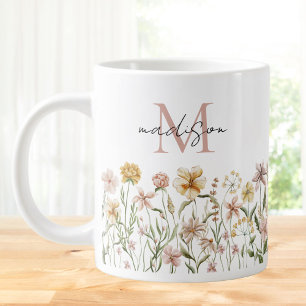 Monogrammed Watercolor Wildflower Meadow Floral Large Coffee Mug