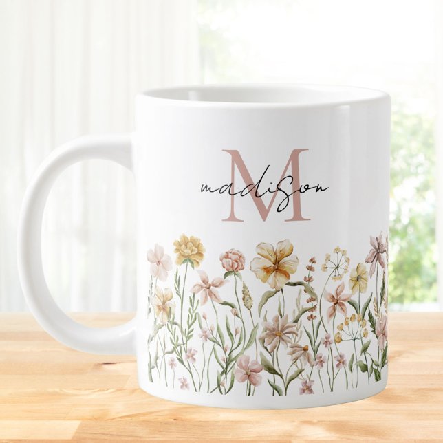 Monogrammed Watercolor Wildflower Meadow Floral Large Coffee Mug (In situ)