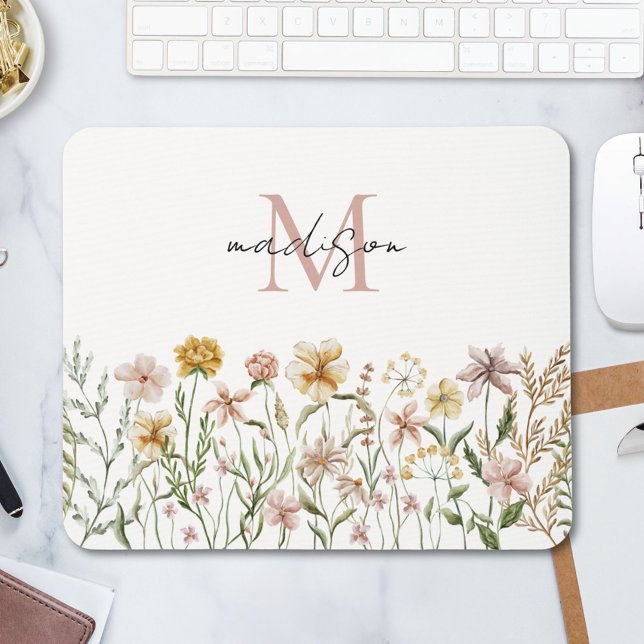 Monogrammed Watercolor Wildflower Meadow Floral Mouse Mat (In situ)