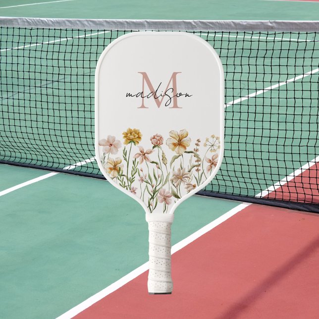 Monogrammed Watercolor Wildflower Meadow Floral Pickleball Paddle (In situ)