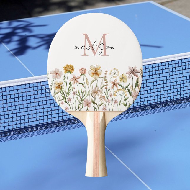 Monogrammed Watercolor Wildflower Meadow Floral Ping Pong Paddle (In situ)