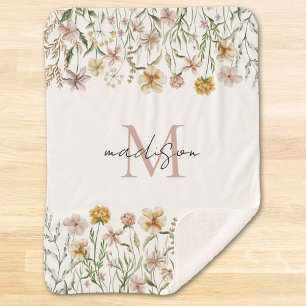 Monogrammed Watercolor Wildflower Meadow Floral Sherpa Blanket