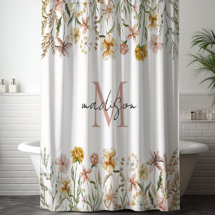 Monogrammed Watercolor Wildflower Meadow Floral Shower Curtain