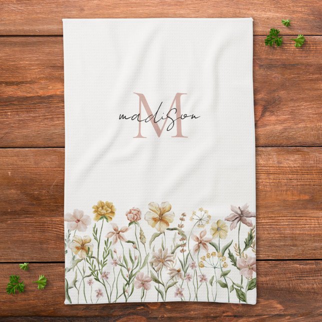 Monogrammed Watercolor Wildflower Meadow Floral Tea Towel (In situ)