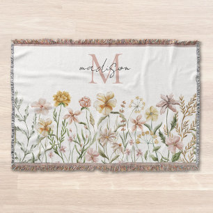 Monogrammed Watercolor Wildflower Meadow Floral Throw Blanket