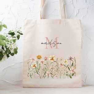 Monogrammed Watercolor Wildflower Meadow Floral Tote Bag