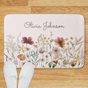 Monogrammed Watercolor Wildflower Pretty Floral Bath Mat