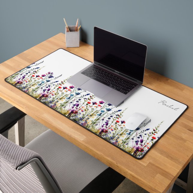 Monogrammed Watercolor Wildflowers Floral Desk Mat (Office 2)