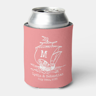 Monogrammed Wedding Couple Vintage Ship Coral Can Cooler