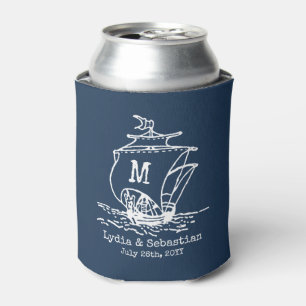 Monogrammed Wedding Couple Vintage Ship Navy Blue Can Cooler