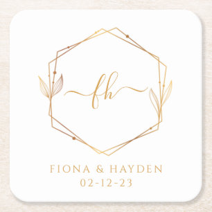 Monogrammed Wedding Elegant Minimal White Gold  Square Paper Coaster