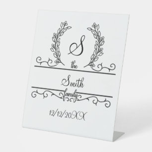 Monogrammed Wedding Family Name Script Leaves Pedestal Sign