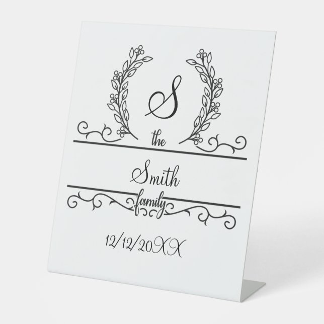 Monogrammed Wedding Family Name Script Leaves Pedestal Sign (Front)