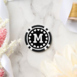 Monogrammed wedding favour poker chip | Black whit<br><div class="desc">Monogrammed wedding favour poker chip | Black and white heart design. Personalised poker chips with monogram name initial of bride and groom. Cute gift idea for wedding guests.</div>