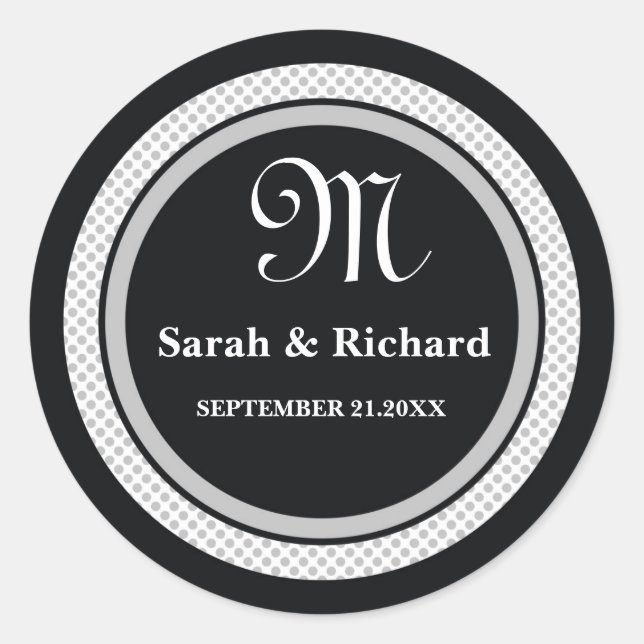Monogrammed Wedding Stickers:Black Polka Dots Classic Round Sticker (Front)